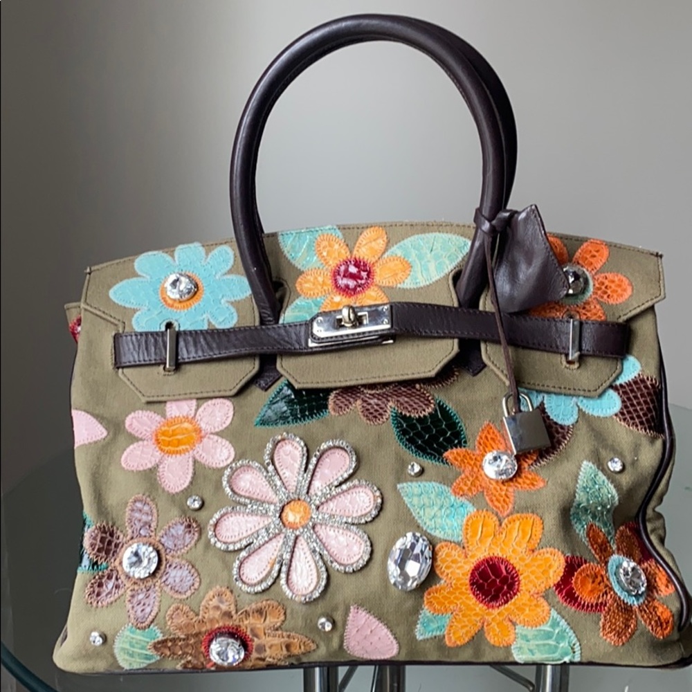 A Birkin inspired bezel colorful flower purse.